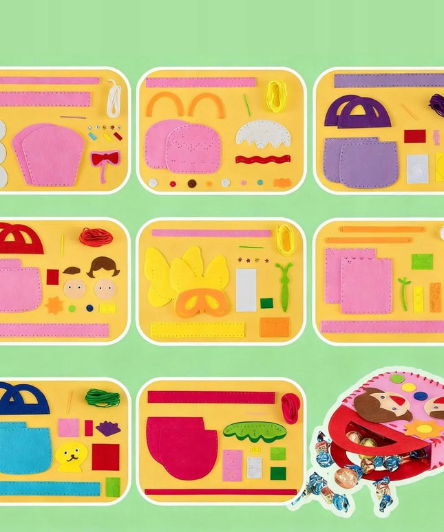Vaikiškas siuvimo mokymosi rinkinys „Montessori“: 6 veltinio rankinės „pasidaryk pats“