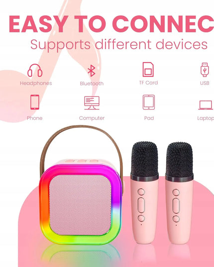 K12 karaoke rinkinys su „Bluetooth“ garsiakalbiu ir 2 mikrofonais, rožinis