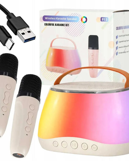 Ikonka KX2860 karaoke rinkinys su „Bluetooth“ garsiakalbiu, LED RGB apšvietimu, 2 mikrofonais ir USB