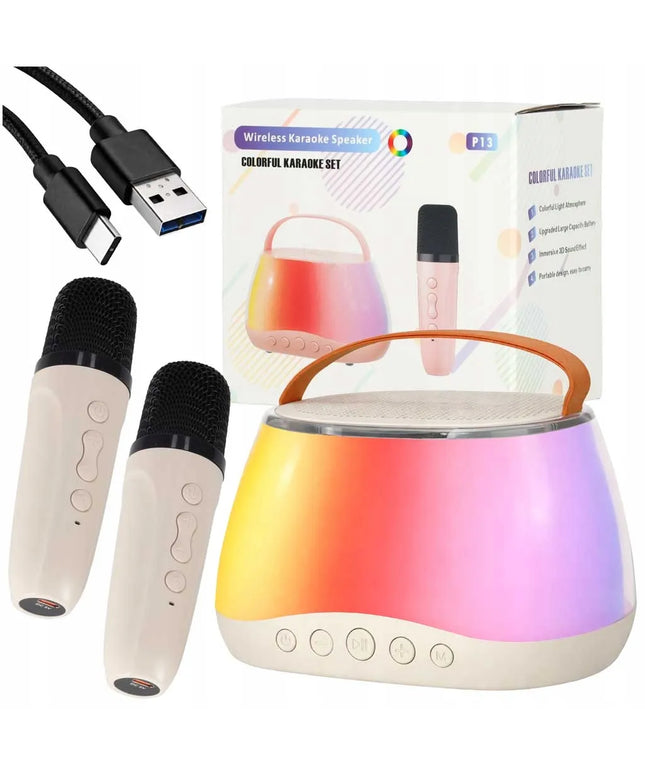 Ikonka KX2860 karaoke rinkinys su „Bluetooth“ garsiakalbiu, LED RGB apšvietimu, 2 mikrofonais ir USB