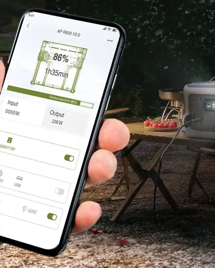 Nešiojamosios energijos stotelės Allpowers R600 rinkinys + 200 W saulės modulis