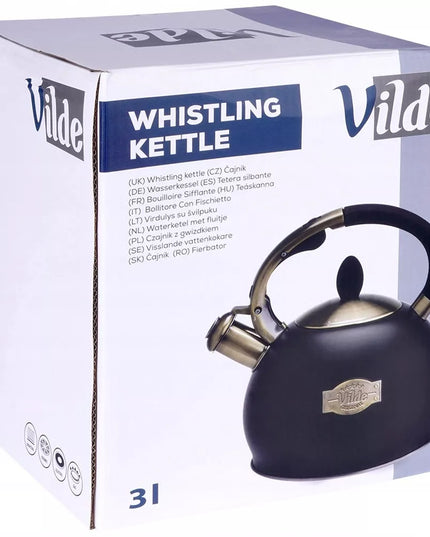 Tradicinis arbatinukas su švilpuku vandeniui virti ant dujinės ir indukcinės viryklės, juodas, 3L