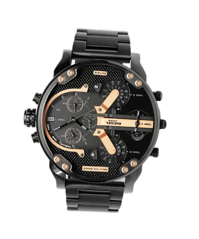 Vyriškas laikrodis Diesel DZ7312 Mr. Daddy – keturi laikrodžiai viename, chronografas, prabangus juodas dizainas su rožinio aukso akcentais
