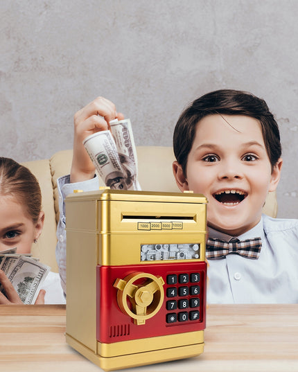 Elektroninė seifo tipo taupyklė vaikams, atidaroma PIN kodu, skirta banknotams ir monetoms