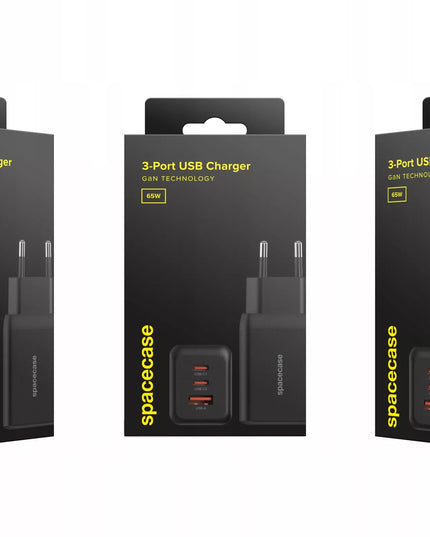 Tinklės įkroviklis Spacecase 65W, greito įkrovimo GaN technologija, 2x USB-C ir USB-A