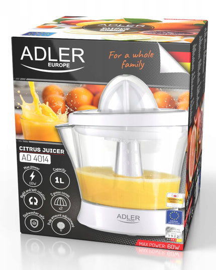 Adler AD 4014 elektrinė citrusinių vaisių spaustuvė, 60W, 1L, minkštimo kontrolė