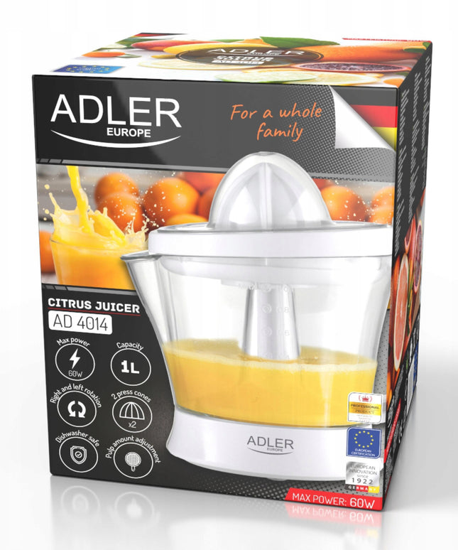 Adler AD 4014 elektrinė citrusinių vaisių spaustuvė, 60W, 1L, minkštimo kontrolė