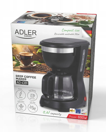 Adler AD 4381b lašinis kavos aparatas 0,6L – kompaktiškas, 600W, su anti-drip sistema ir 40 min. šilumos palaikymu