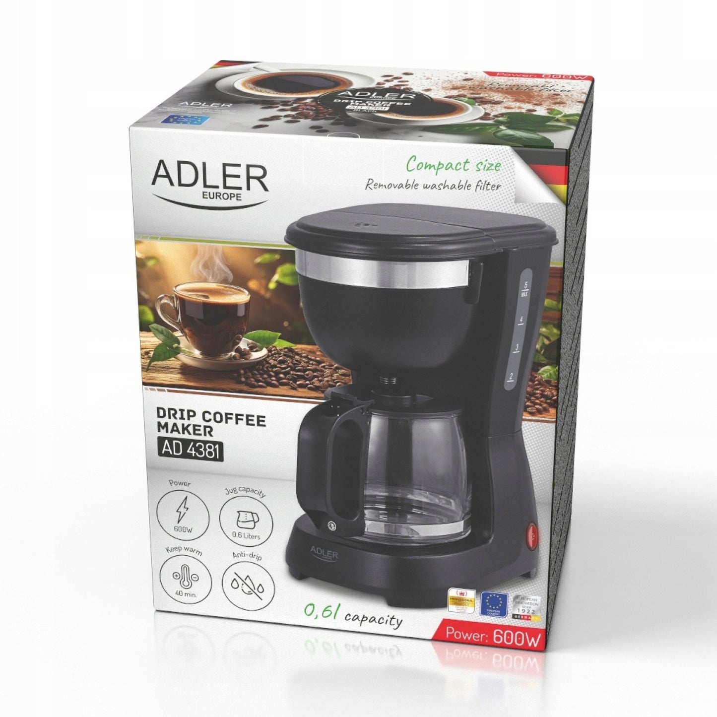Adler AD 4381b lašinis kavos aparatas 0,6L – kompaktiškas, 600W, su anti-drip sistema ir 40 min. šilumos palaikymu