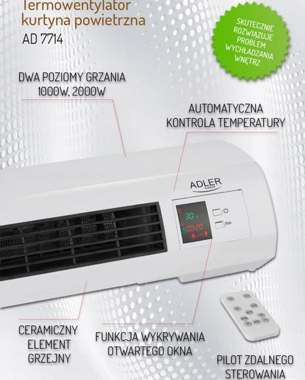 Adler oro užuolaida ventiliatorius 2200W su nuotolinio valdymo pulteliu, laikmačiu ir atviro lango aptikimo funkcija