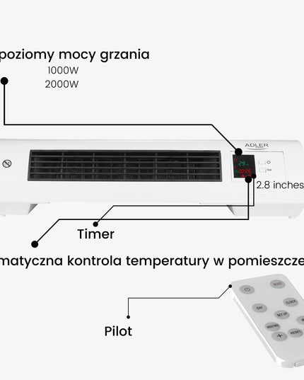 Adler oro užuolaida ventiliatorius 2200W su nuotolinio valdymo pulteliu, laikmačiu ir atviro lango aptikimo funkcija