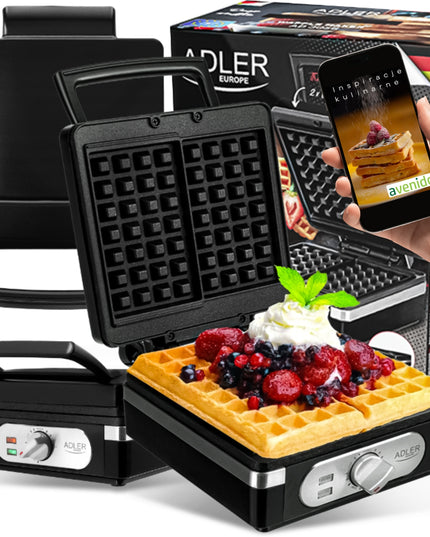 Adler AD 3056 galinga vaflinė 2000W – 2 dideli traškūs vafliai su nelimpančia danga ir temperatūros reguliavimu