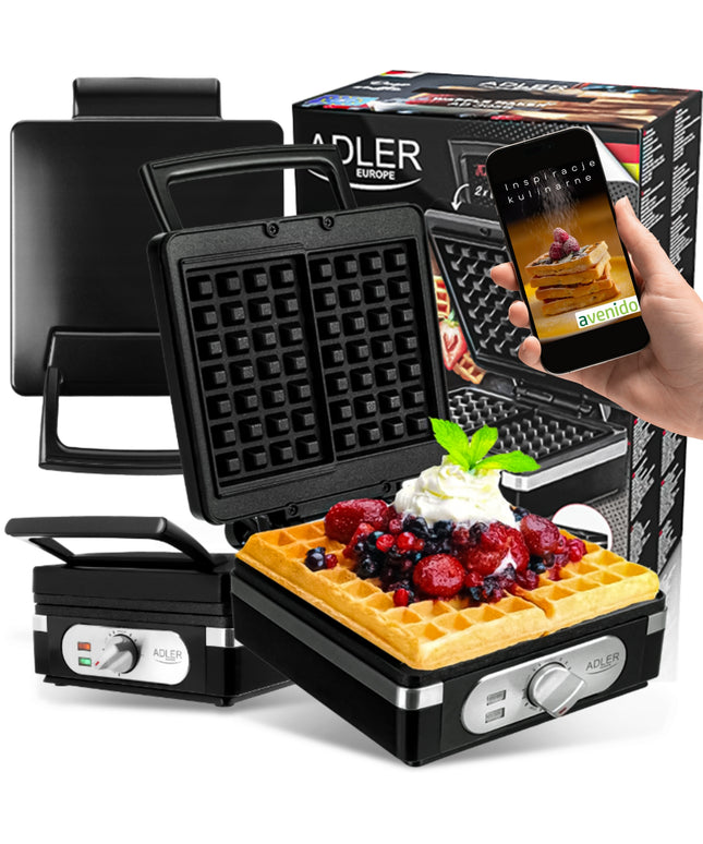 Adler AD 3056 galinga vaflinė 2000W – 2 dideli traškūs vafliai su nelimpančia danga ir temperatūros reguliavimu