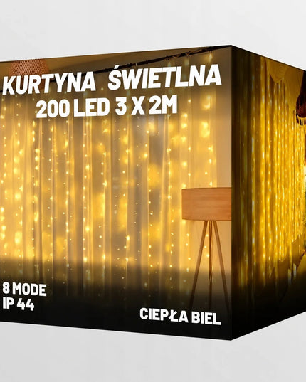 POWERON RS-1017WW šviesos užuolaida, 3 × 2 m, 200 geltonų mikroLED lempučių, USB, su pulteliu