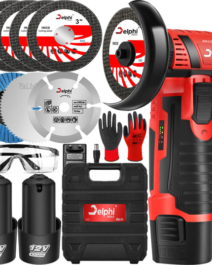 Akumuliatorinė kampinė šlifavimo mašinėlė Delphi Tools MG-01 Brushless 12V su 2 baterijomis, 7 diskais, lagaminu ir priedais