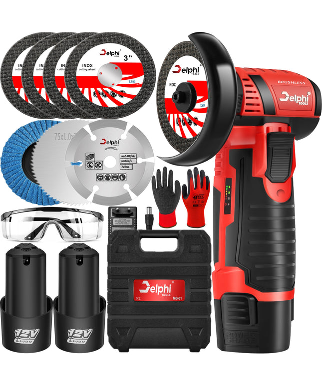 Akumuliatorinė kampinė šlifavimo mašinėlė Delphi Tools MG-01 Brushless 12V su 2 baterijomis, 7 diskais, lagaminu ir priedais