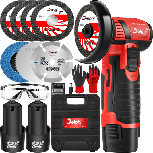 Akumuliatorinė kampinė šlifavimo mašinėlė Delphi Tools MG-01 Brushless 12V su 2 baterijomis, 7 diskais, lagaminu ir priedais