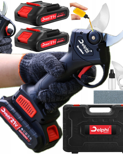Akumuliatorinės sodo žirklės Delphi Tools 21V su Brushless varikliu, 2 baterijomis, lagaminu ir atsarginiu peiliu