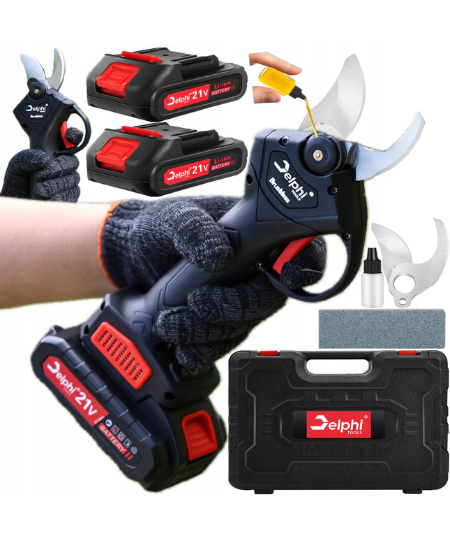 Akumuliatorinės sodo žirklės Delphi Tools 21V su Brushless varikliu, 2 baterijomis, lagaminu ir atsarginiu peiliu