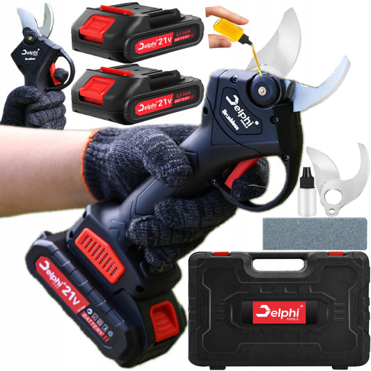 Akumuliatorinės sodo žirklės Delphi Tools 21V su Brushless varikliu, 2 baterijomis, lagaminu ir atsarginiu peiliu