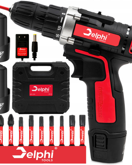 Akumuliatorinis gręžtuvas-suktuvas Delphi tools 12V 2xAkumuliatoriai + antgalių rinkinys