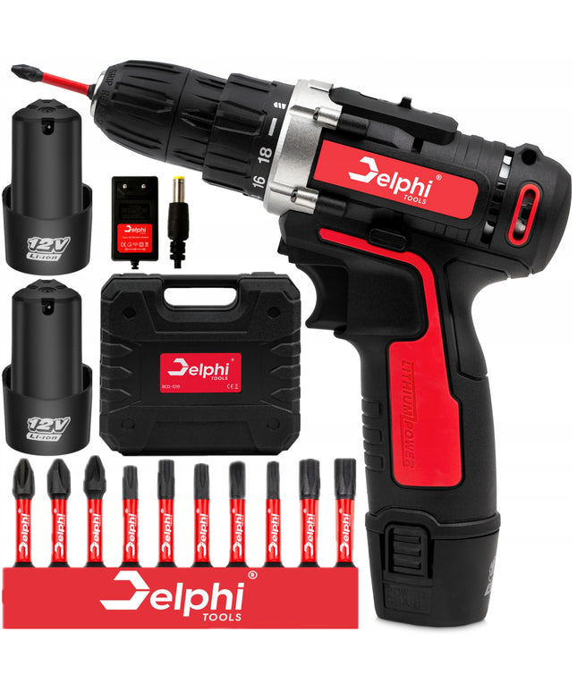 Akumuliatorinis gręžtuvas-suktuvas Delphi tools 12V 2xAkumuliatoriai + antgalių rinkinys