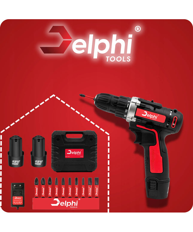 Akumuliatorinis gręžtuvas-suktuvas Delphi tools 12V 2xAkumuliatoriai + antgalių rinkinys