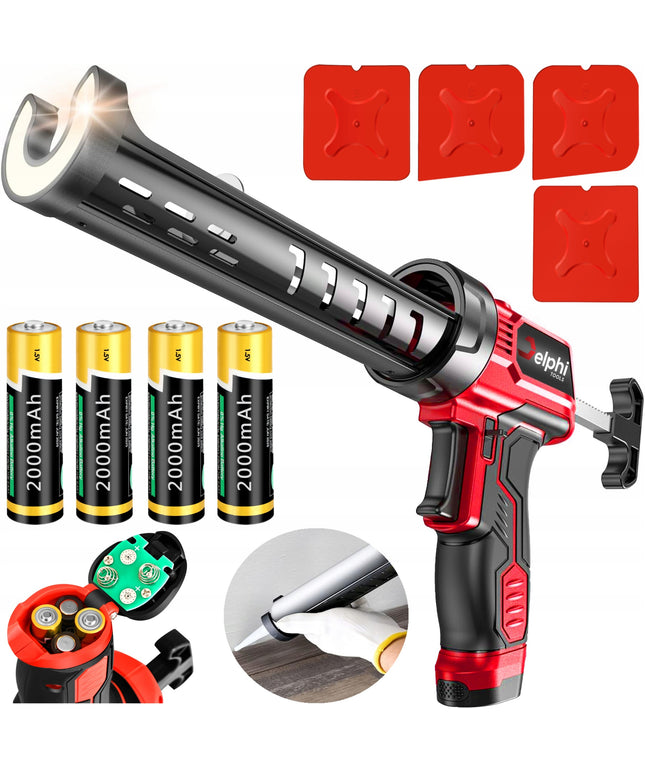 Akumuliatorinis silikono pistoletas Delphi Tools CG-35 su LED, 4 baterijomis ir silikonui lyginti kubeliais
