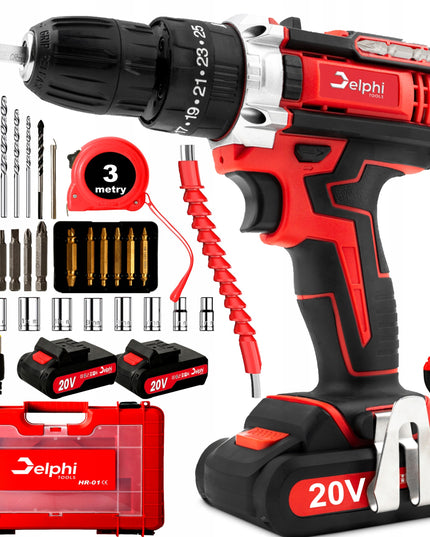 Akumuliatorinis smūginis gręžtuvas-suktuvas Delphi Tools 20V su 2 baterijomis, lagaminu ir pilnu priedų komplektu