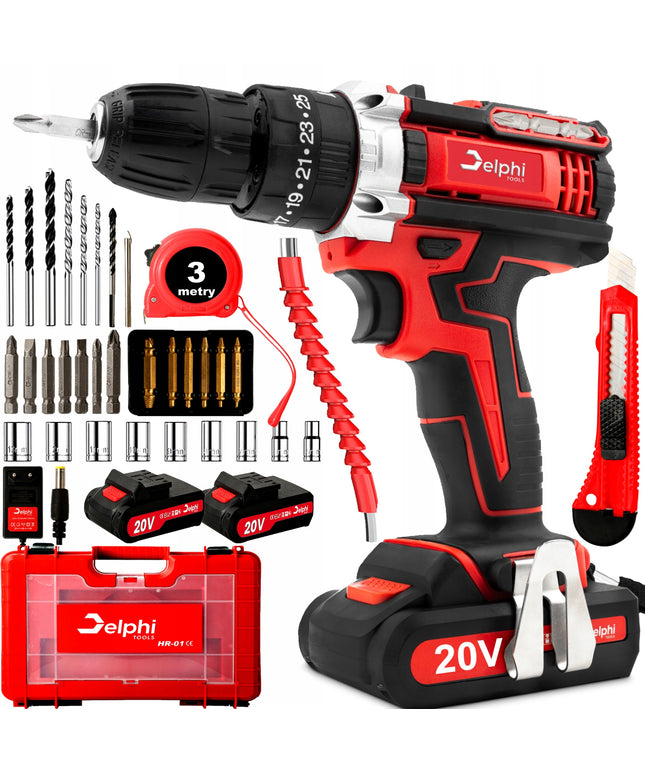 Akumuliatorinis smūginis gręžtuvas-suktuvas Delphi Tools 20V su 2 baterijomis, lagaminu ir pilnu priedų komplektu