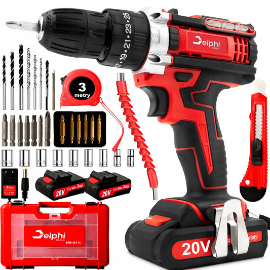 Akumuliatorinis smūginis gręžtuvas-suktuvas Delphi Tools 20V su 2 baterijomis, lagaminu ir pilnu priedų komplektu