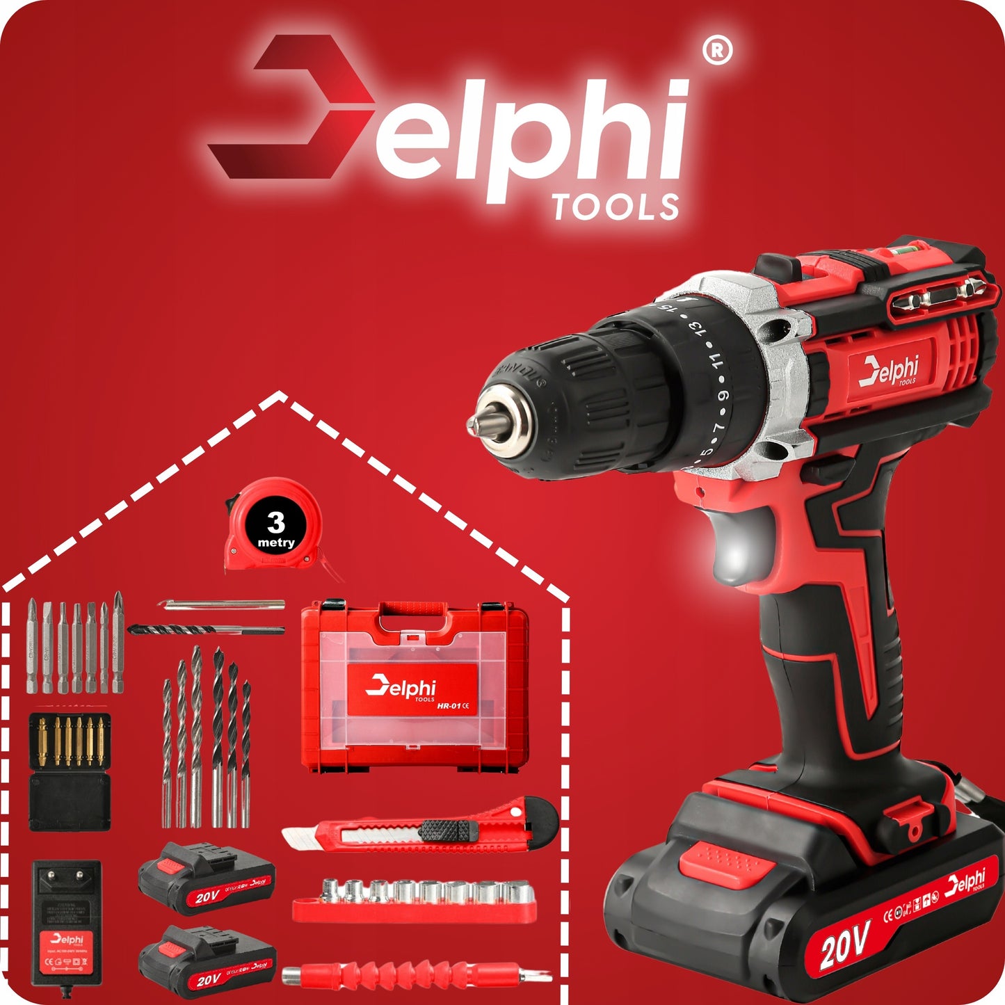 Akumuliatorinis smūginis gręžtuvas-suktuvas Delphi Tools 20V su 2 baterijomis, lagaminu ir pilnu priedų komplektu