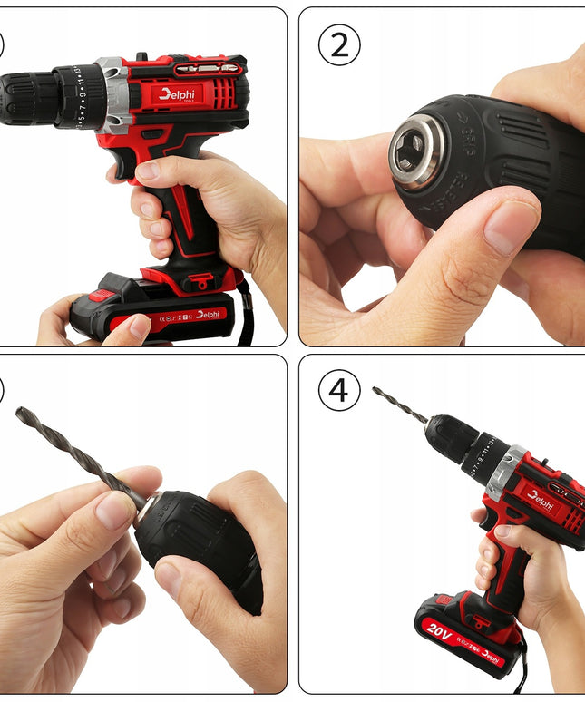 Akumuliatorinis smūginis gręžtuvas-suktuvas Delphi Tools 20V su 2 baterijomis, lagaminu ir pilnu priedų komplektu