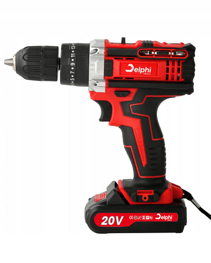 Akumuliatorinis smūginis gręžtuvas-suktuvas Delphi Tools 20V su 2 baterijomis, lagaminu ir pilnu priedų komplektu