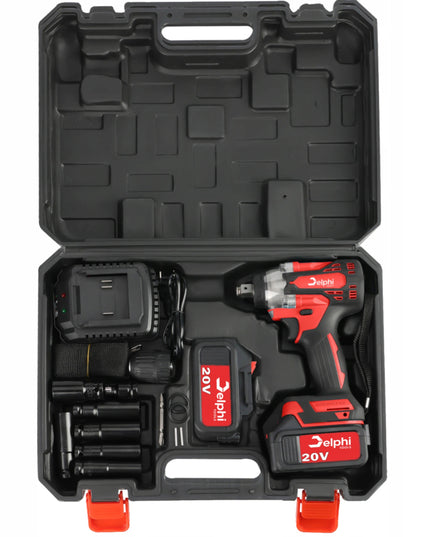 Akumuliatorinis smūginis veržliasukis Delphi Tools Brushless 20V 2x baterijos, 350Nm sukimo momentas, 1/2'' galvutės komplektas lagamine