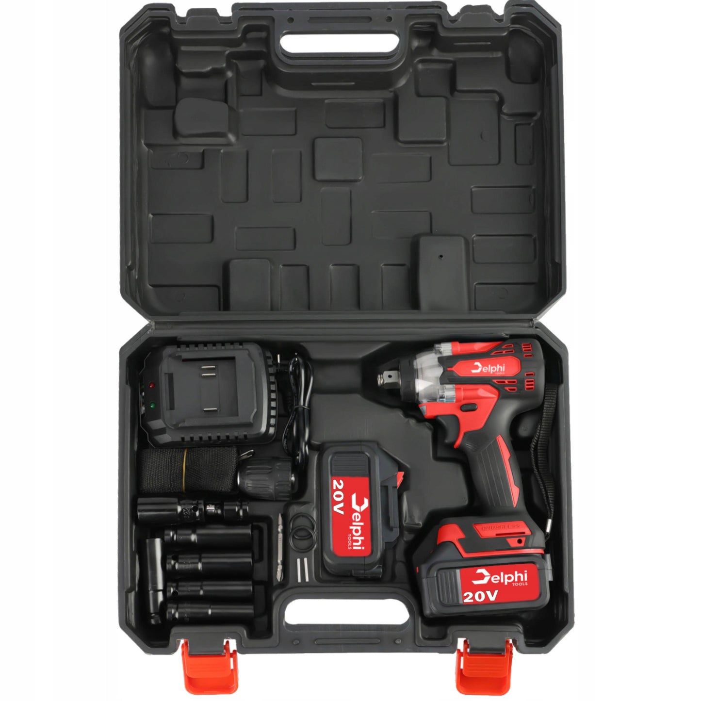 Akumuliatorinis smūginis veržliasukis Delphi Tools Brushless 20V 2x baterijos, 350Nm sukimo momentas, 1/2'' galvutės komplektas lagamine