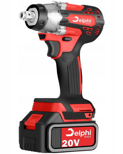 Akumuliatorinis smūginis veržliasukis Delphi Tools Brushless 20V 2x baterijos, 350Nm sukimo momentas, 1/2'' galvutės komplektas lagamine