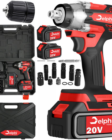 Akumuliatorinis smūginis veržliasukis Delphi Tools Brushless 20V 2x baterijos, 350Nm sukimo momentas, 1/2'' galvutės komplektas lagamine