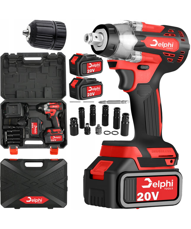 Akumuliatorinis smūginis veržliasukis Delphi Tools Brushless 20V 2x baterijos, 350Nm sukimo momentas, 1/2'' galvutės komplektas lagamine