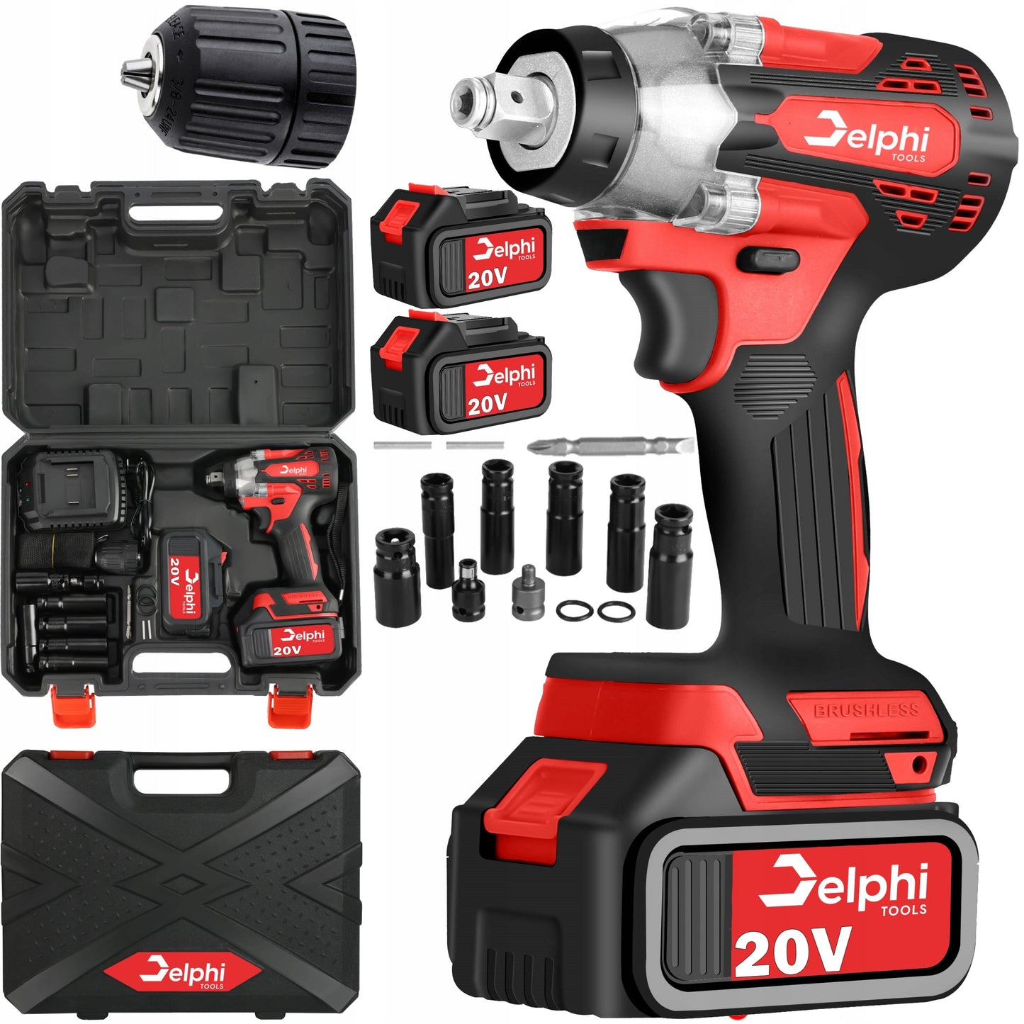 Akumuliatorinis smūginis veržliasukis Delphi Tools Brushless 20V 2x baterijos, 350Nm sukimo momentas, 1/2'' galvutės komplektas lagamine