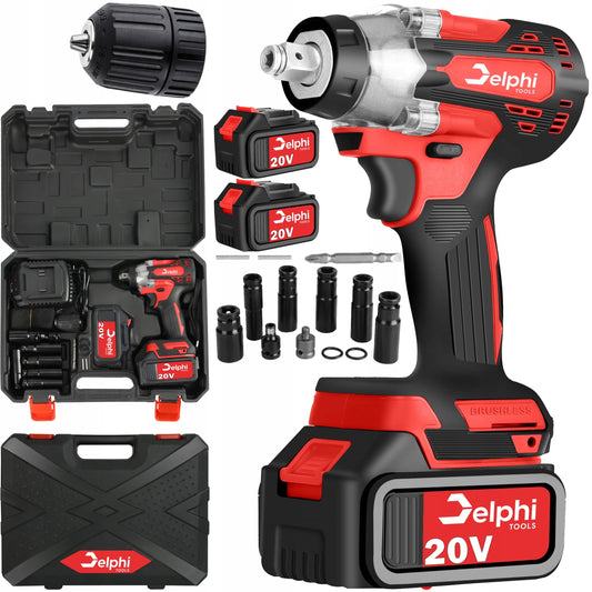 Akumuliatorinis smūginis veržliasukis Delphi Tools Brushless 20V 2x baterijos, 350Nm sukimo momentas, 1/2'' galvutės komplektas lagamine
