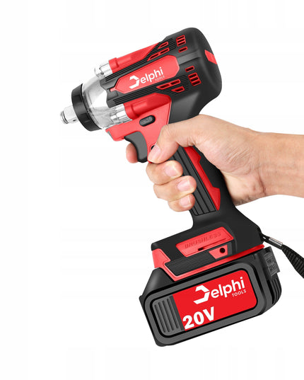Akumuliatorinis smūginis veržliasukis Delphi Tools Brushless 20V 2x baterijos, 350Nm sukimo momentas, 1/2'' galvutės komplektas lagamine
