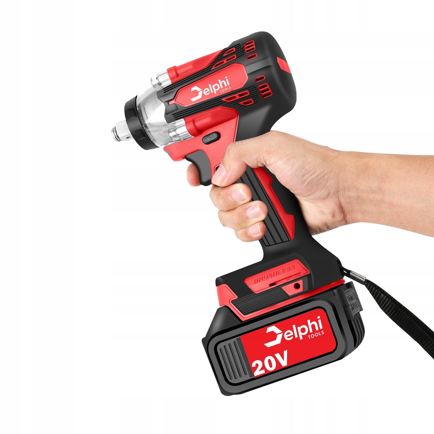 Akumuliatorinis smūginis veržliasukis Delphi Tools Brushless 20V 2x baterijos, 350Nm sukimo momentas, 1/2'' galvutės komplektas lagamine