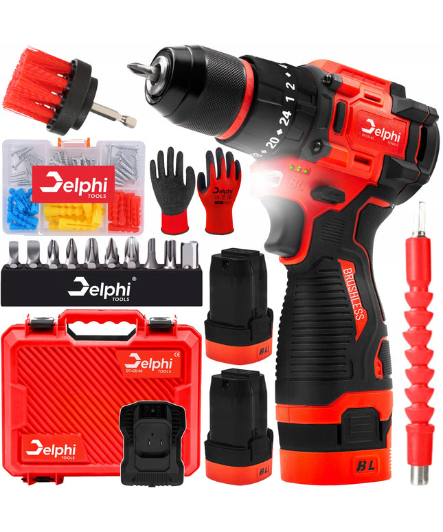 Akumuliatorinis su smūgiu suktuvas-gręžtuvas Delphi Tools Brushless 16,8V 2x baterijos, 50Nm, lagaminas su priedais
