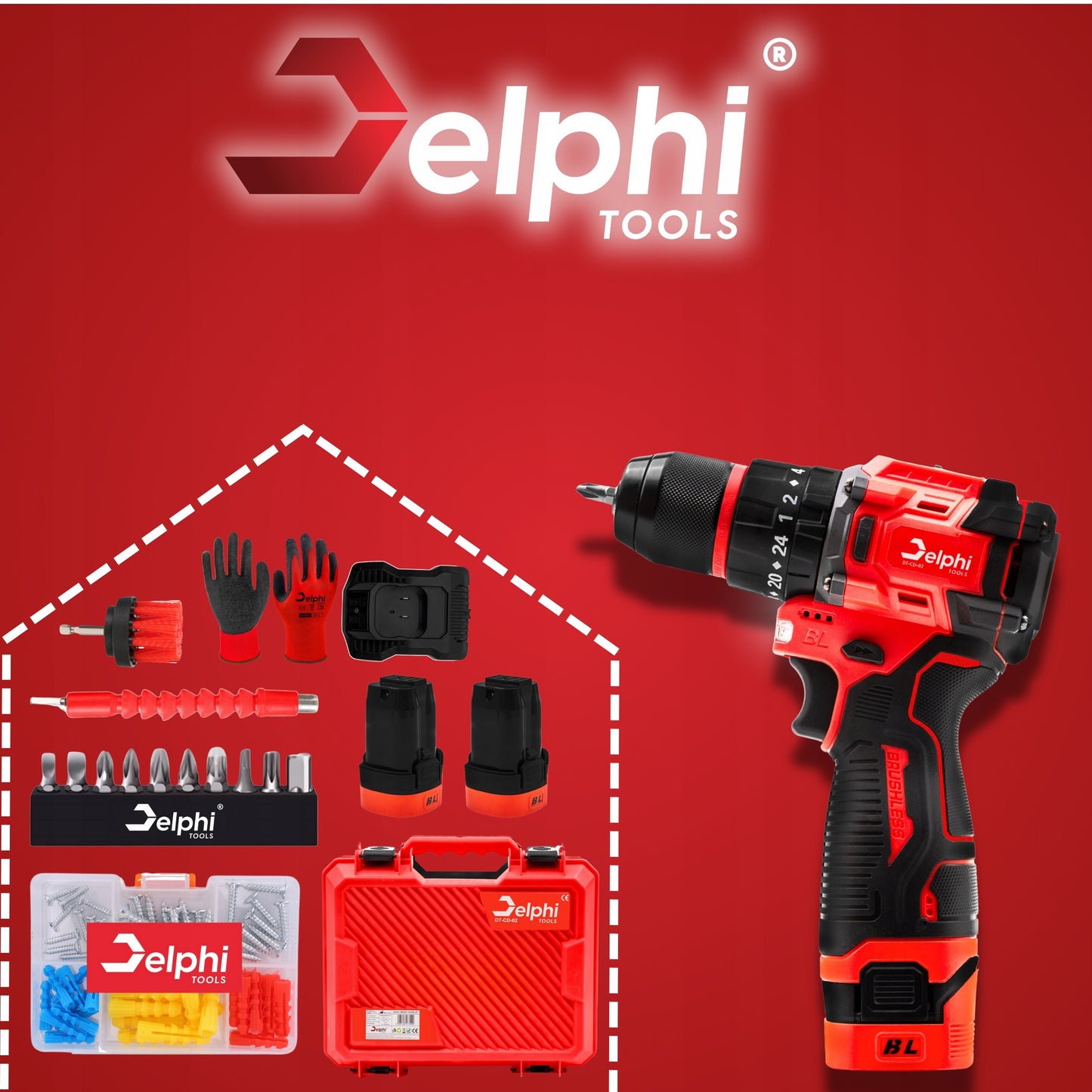 Akumuliatorinis su smūgiu suktuvas-gręžtuvas Delphi Tools Brushless 16,8V 2x baterijos, 50Nm, lagaminas su priedais