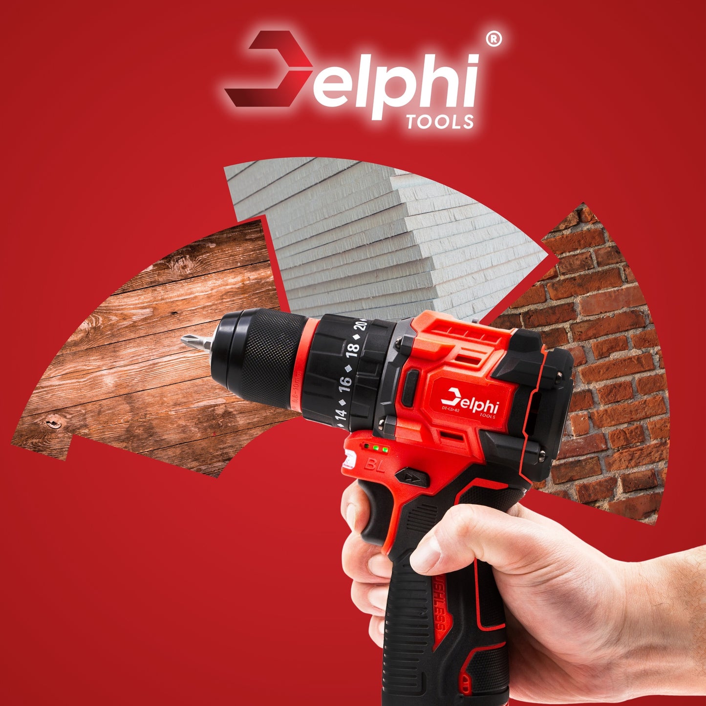 Akumuliatorinis su smūgiu suktuvas-gręžtuvas Delphi Tools Brushless 16,8V 2x baterijos, 50Nm, lagaminas su priedais