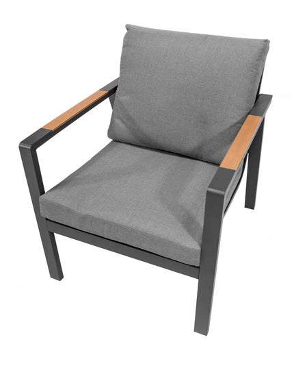 Aliuminiai sodo baldai: sofa, du foteliai ir staliukas