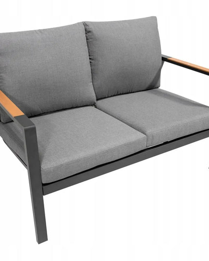 Aliuminiai sodo baldai: sofa, du foteliai ir staliukas