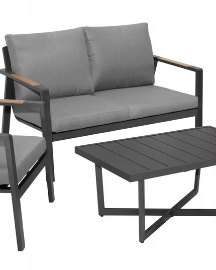 Aliuminiai sodo baldai: sofa, du foteliai ir staliukas