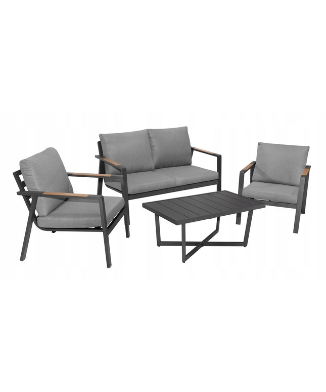 Aliuminiai sodo baldai: sofa, du foteliai ir staliukas